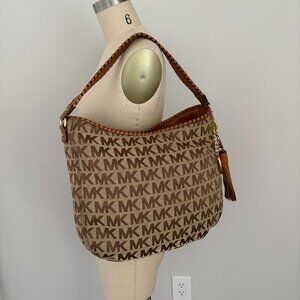 Michael Kors Bennet Monogram Jacquard Leather Trim Tassel Brown Hobo Handbag